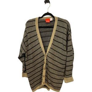 Liz Co Cardigan Sweater Beige Houndstooth Womens Size L‎ Cotton Long Sleeve